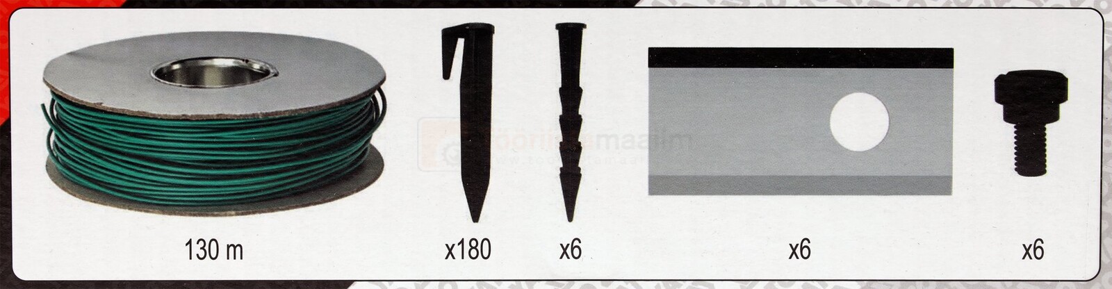 Pildil on Yato robotniiduki paigalduskomplekt, mis sisaldab 130 meetrit piirdekaablit, 180 kinnitusvaia, 6 ühendusliidet...