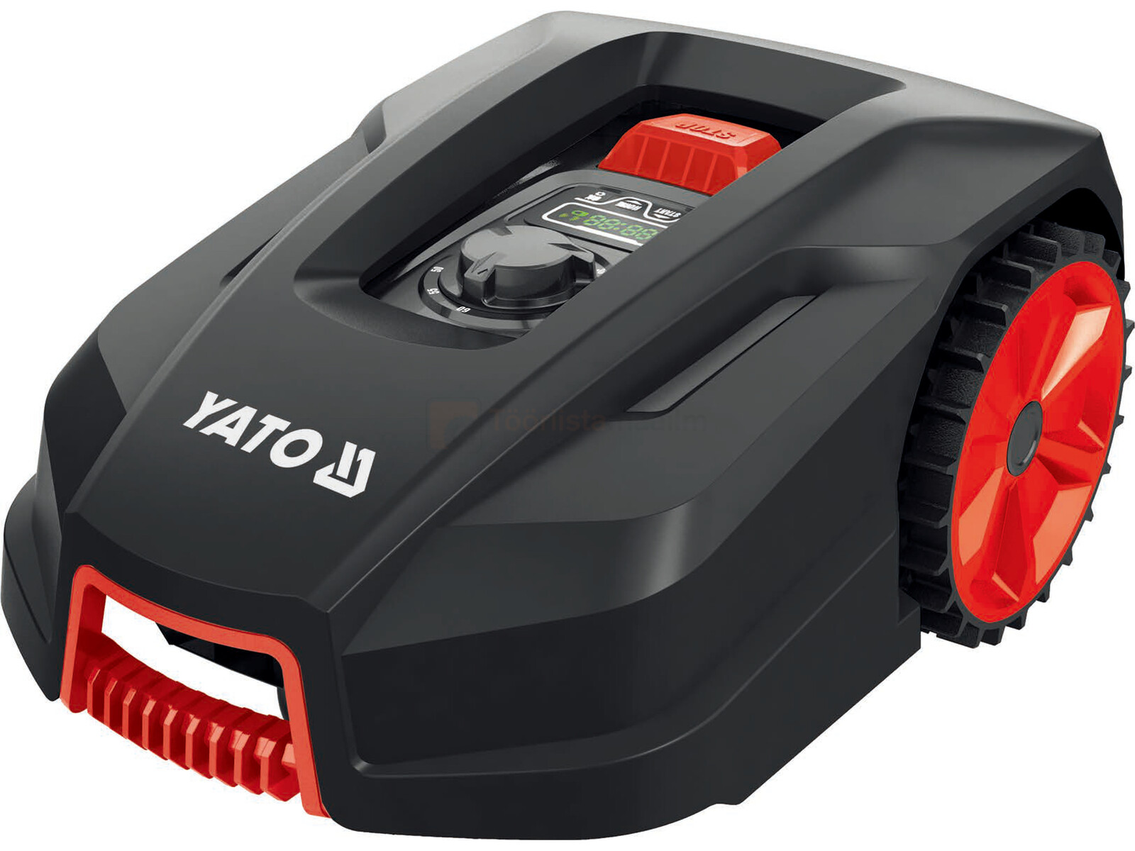 Pildil on musta korpusega YATO robotniiduk, millel on punased detailid ja mis on mõeldud kuni 500 m² suuruse muru niitmiseks.