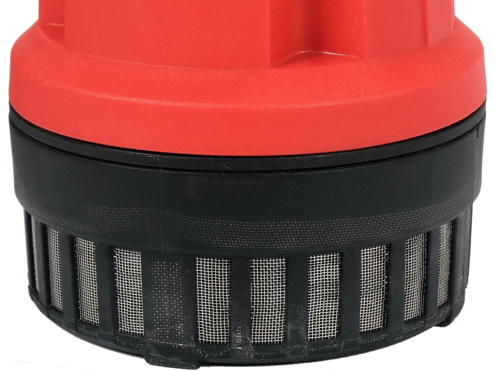 Pildil on Yato sukelpump 18V 2000 L/H kere, näidates selle punast pealmist osa, musta keskmist osa ja alumist võrgusilma.