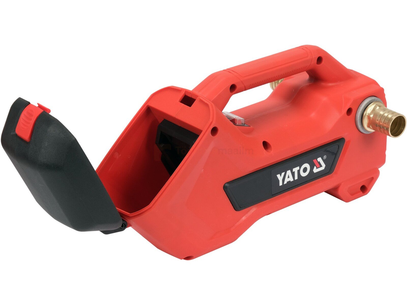 Pildil on punane YATO akutoitel pump, millel on avatud kaas ja messingist otsik.