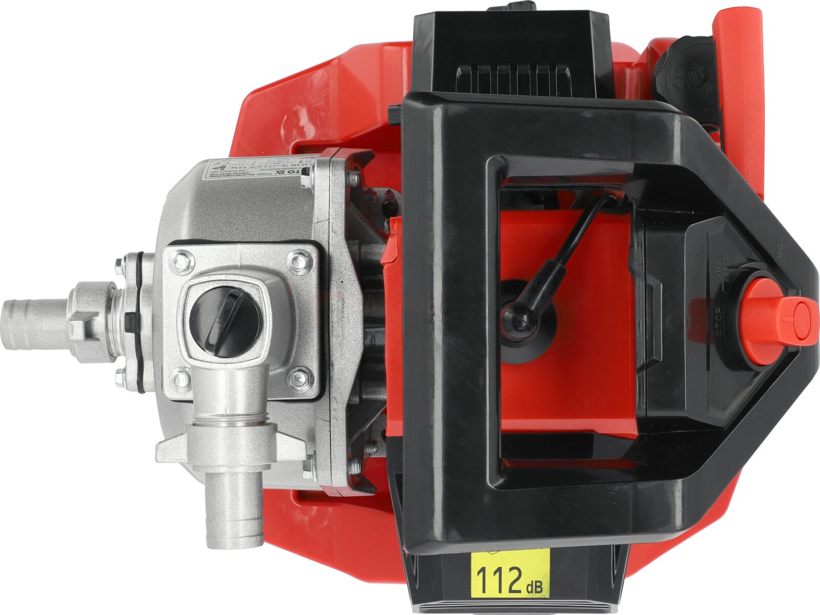 Pildil on näha YATO bensiinimootoriga veepump, millel on punane korpus, must käepide ja hõbedane pumpamisosa.