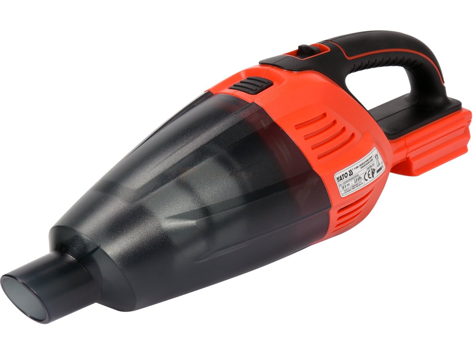 Pildil on oranži ja musta värvi Yato 18 V akutoitega tolmuimeja, millel on käepide ja otsik.