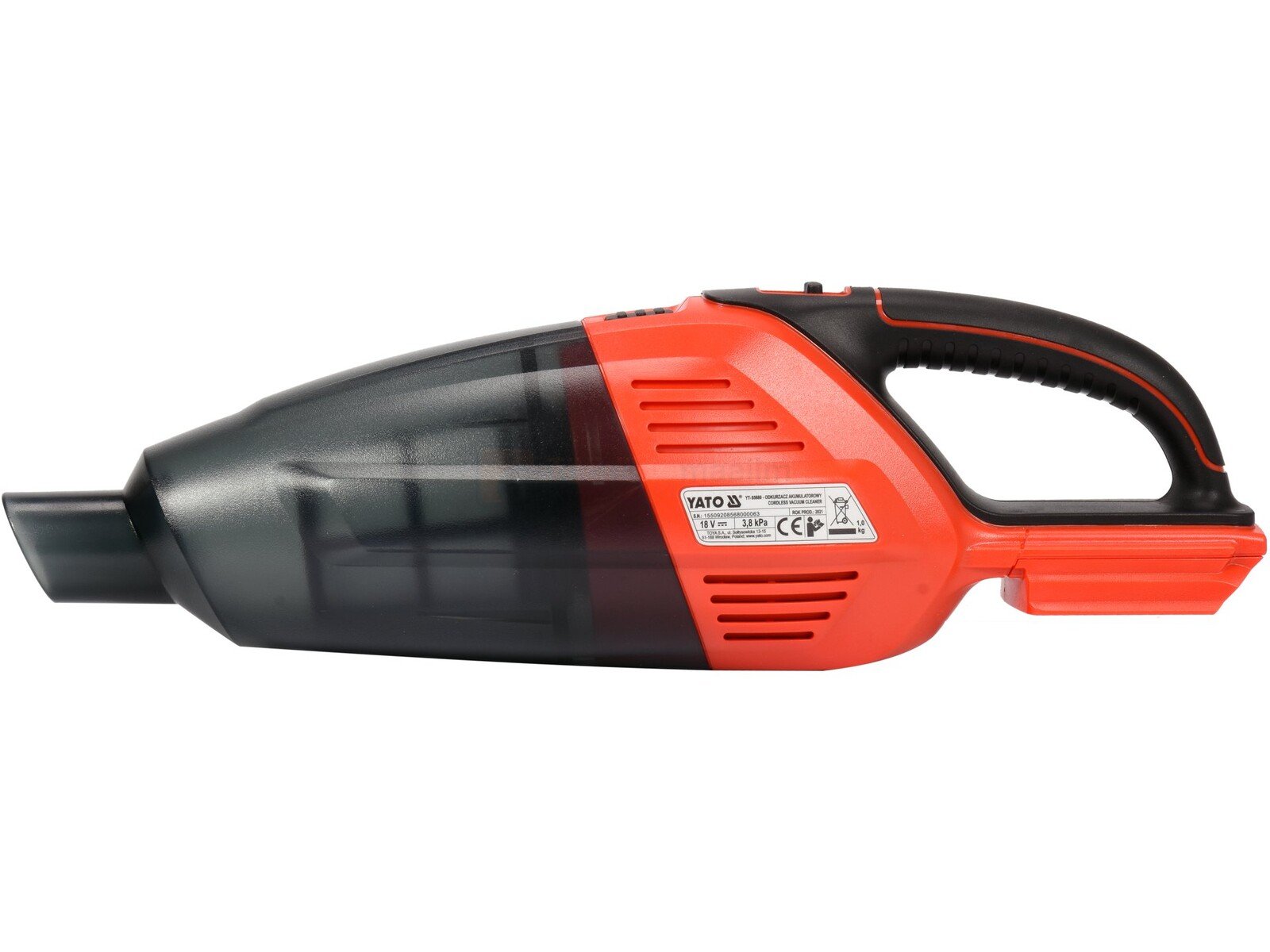 Pildil on oranži ja musta värvi Yato 18 V akutoitega tolmuimeja, millel on käepide ja otsik.