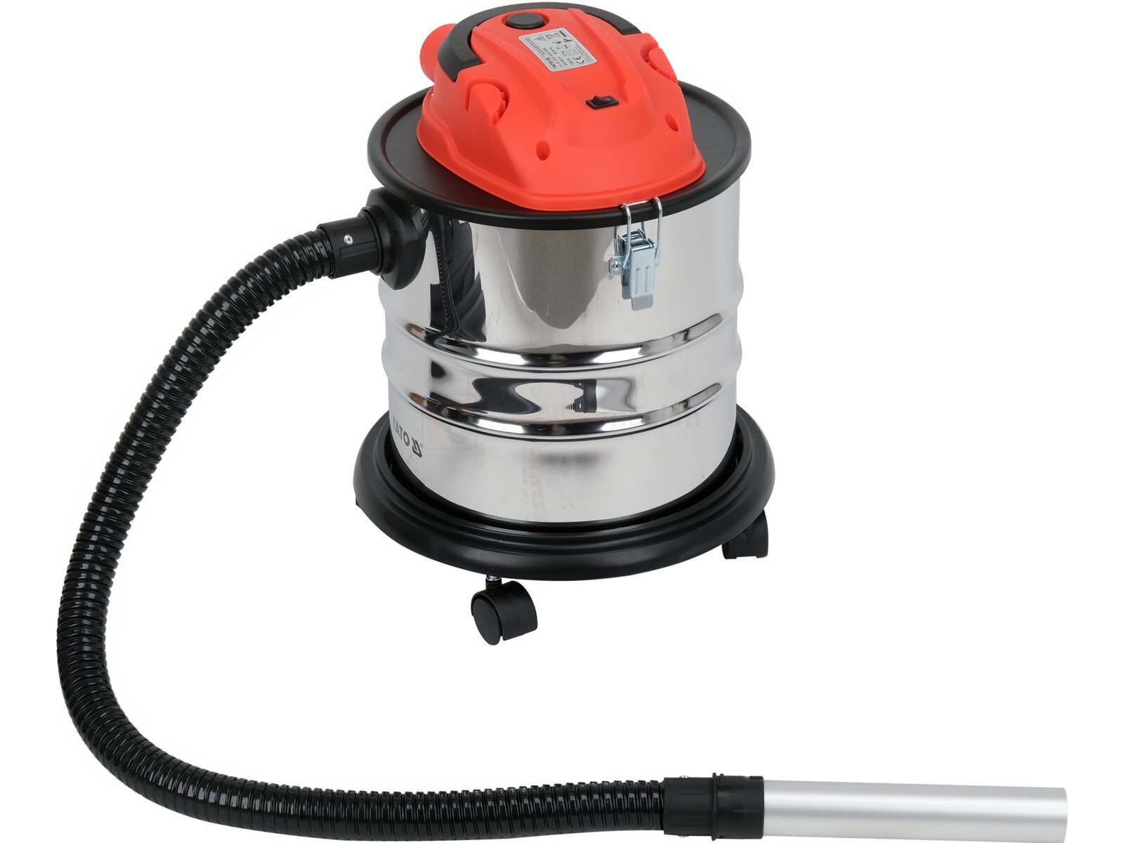 Pildil on Yato märgiga märg-kuiv-tuhavakuumi, millel on punane mootor, roostevabast terasest korpus, voolik ja otsik.