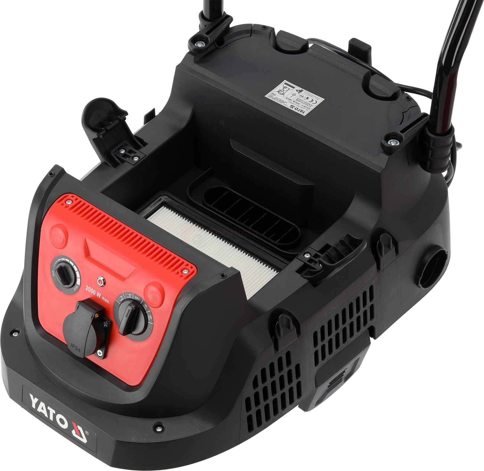 Pildil on näha Yato tolmuimeja, millel on avatud filter ja punane juhtpaneel.