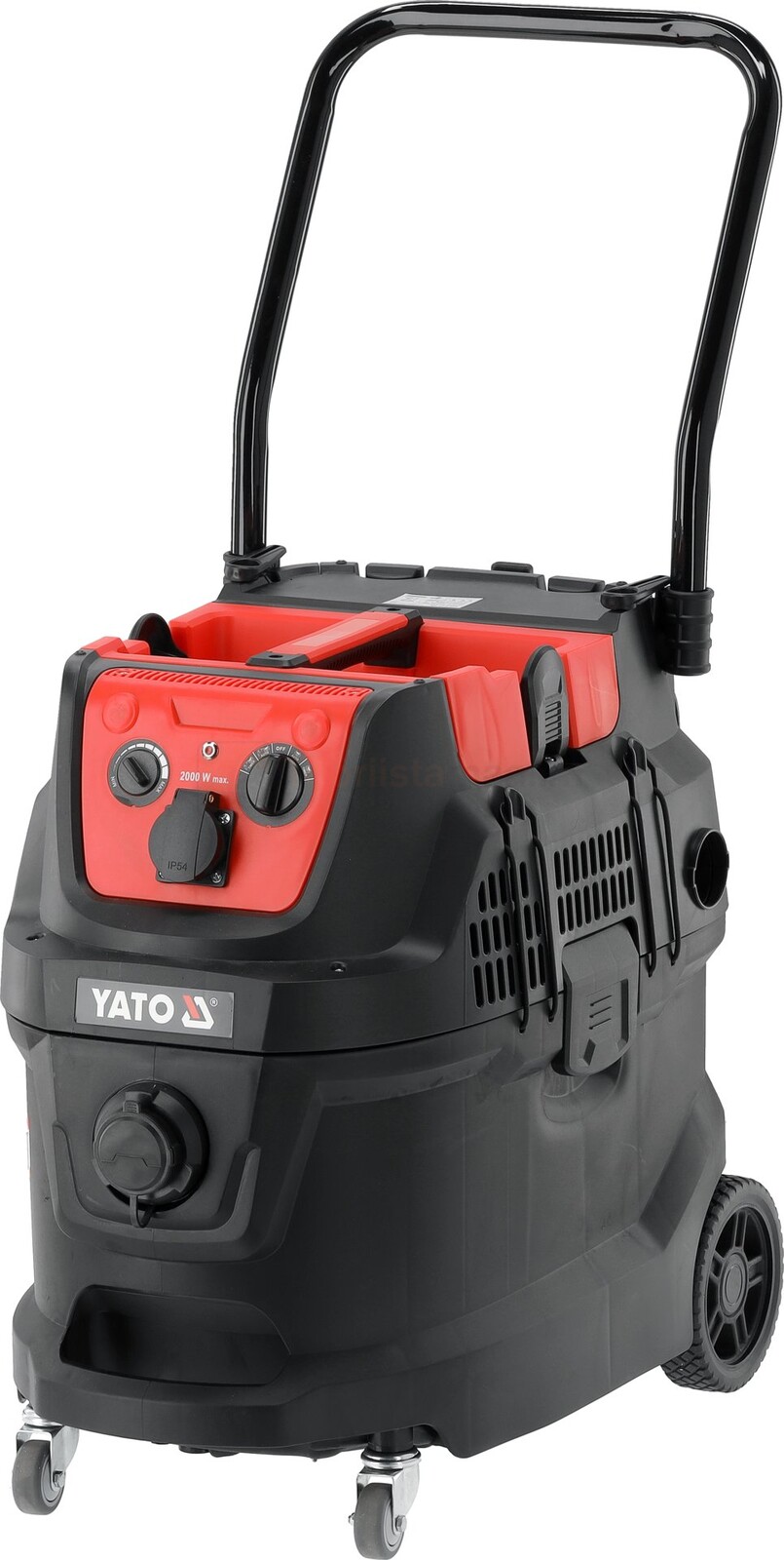 Pildil on YATO tolmuimeja 1600 W automaatse filtri puhastusega, millel on suur mahuti, käepide ja rattad lihtsaks...