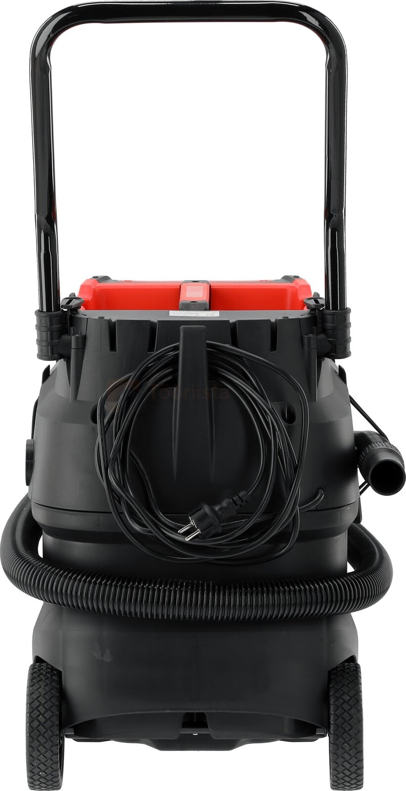 Pildil on musta värvi YATO tolmuimeja 1600 W automaatse filtri puhastusega, millel on punane pealmine osa, must voolik...