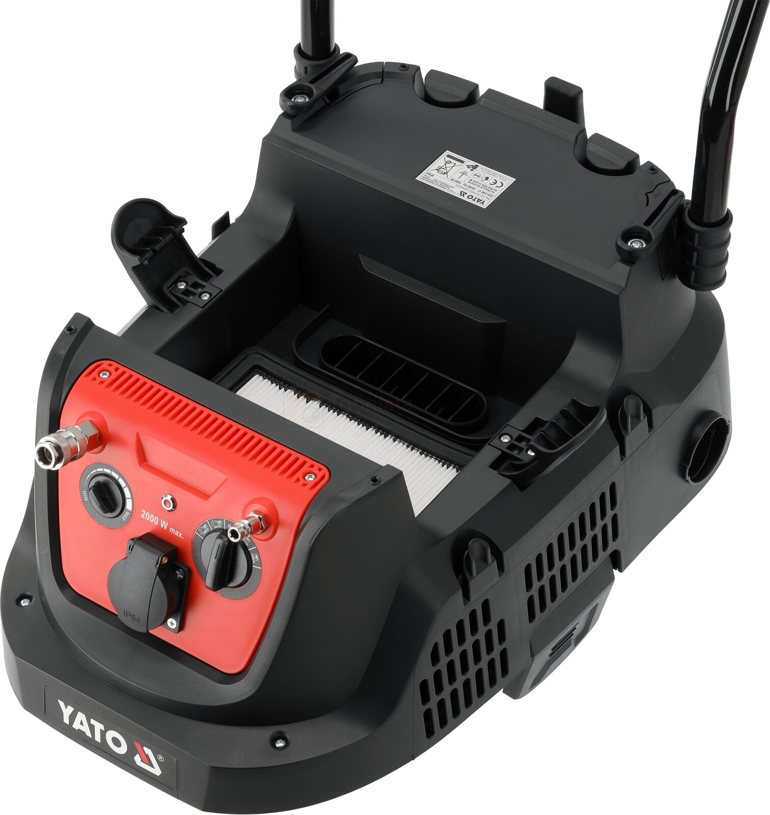 Pildil on näha Yato tolmuimeja, millel on automaatne filtri puhastus, pneumoliides ja avatud sektsioon filtrile.