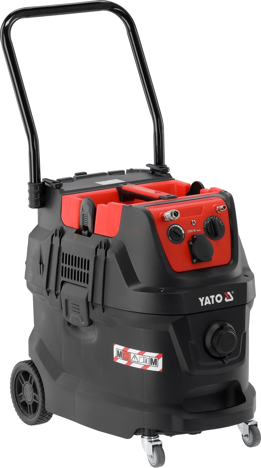 Pildil on YATO tolmuimeja 1600 W automaatse filtri puhastusega ja pneumoliidesega, millel on rattad, käepide ja juhtnupud.