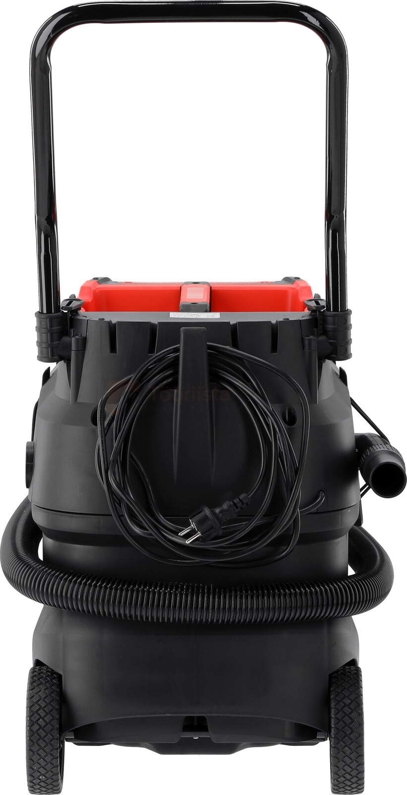 Pildil on must YATO tolmuimeja, millel on punane pealmine osa, must voolik, toitejuhe, käepide ja rattad.