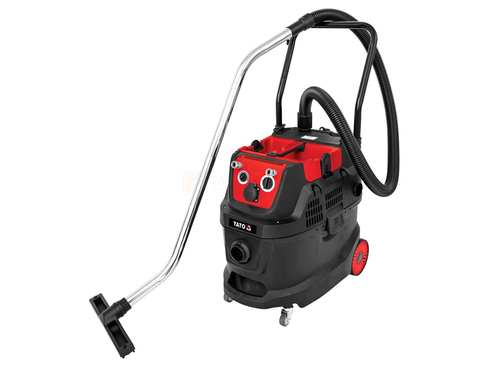 Pildil on YATO tolmuimeja 1600 W automaatse filtri puhastusega ja pneumoliidesega, millel on voolik, toru ja otsik.