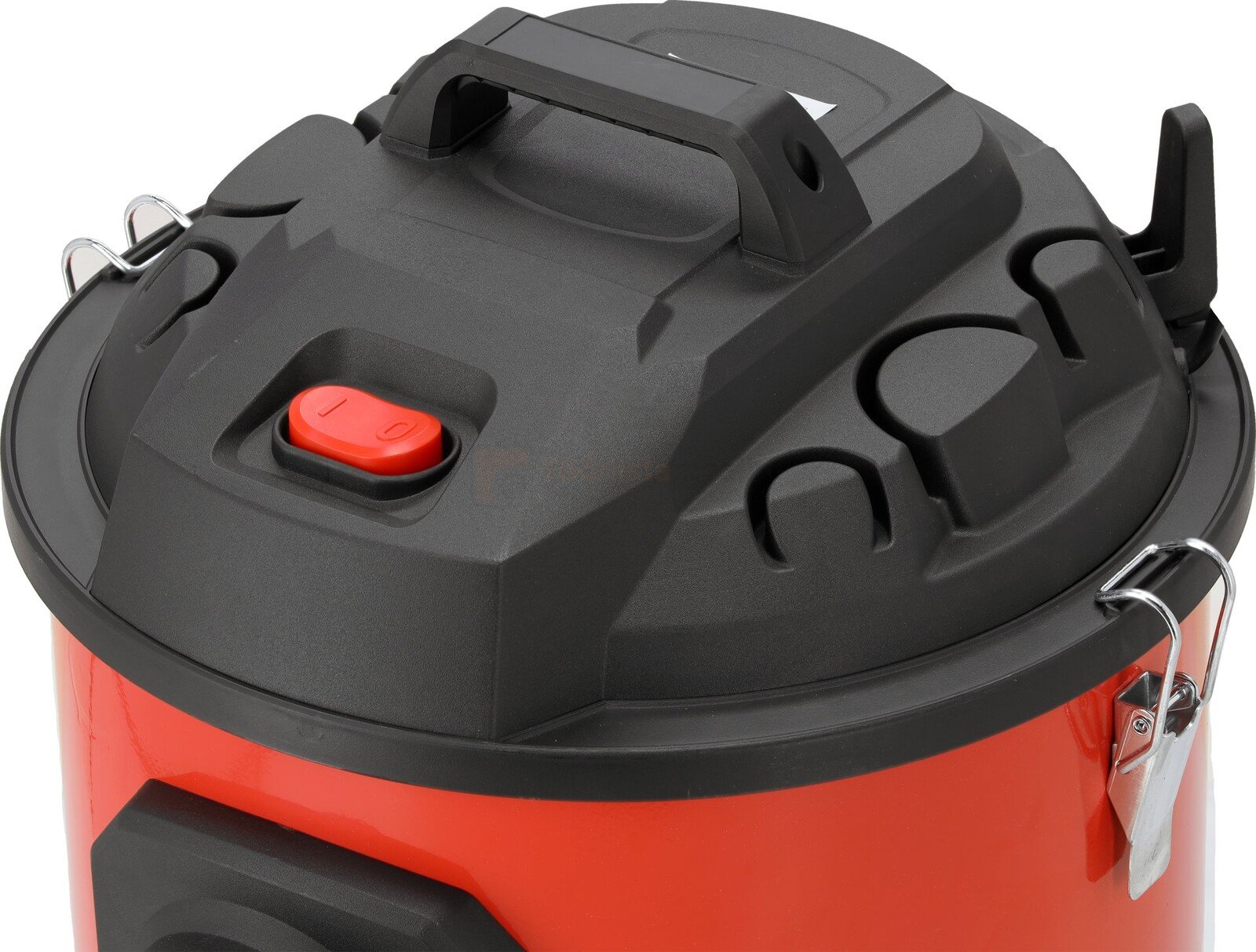 Pildil on näha Yato puruimeja ülaosa, millel on punane sisse/välja nupp, kandekäepide ja kinnitusklambrid.