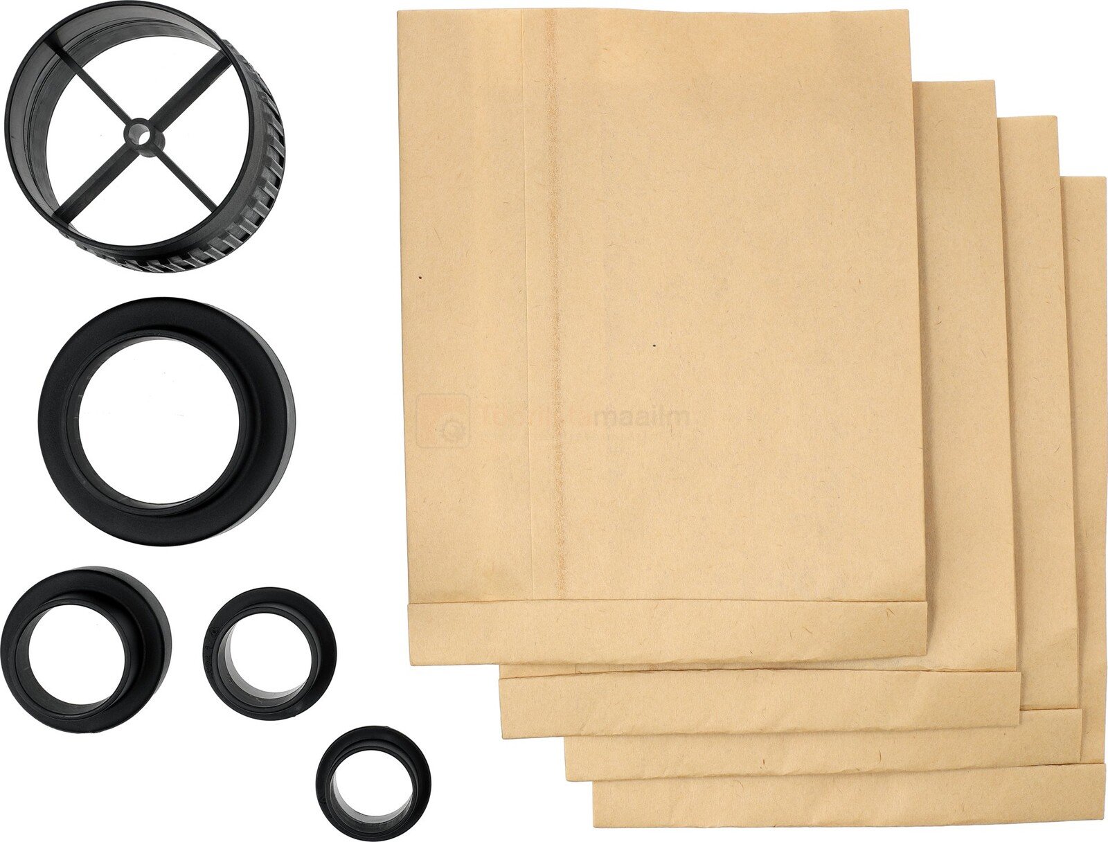 Pildil on YATO puruimeja 1200 W HEPA, 22 kPa, max 26 l/s tarvikud, sealhulgas erineva suurusega tihendid ja paberist...