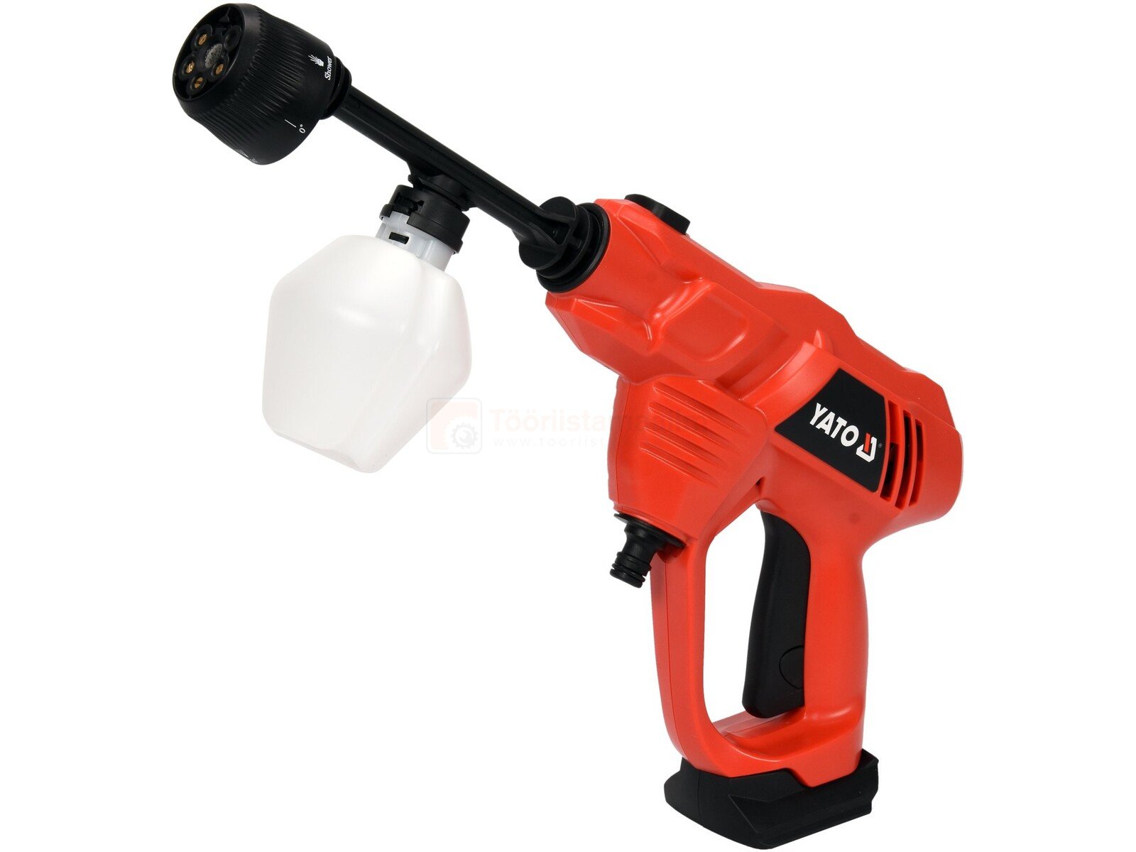 Pildil on punane Yato survepesur, millel on pihusti, seebialus ja aku.