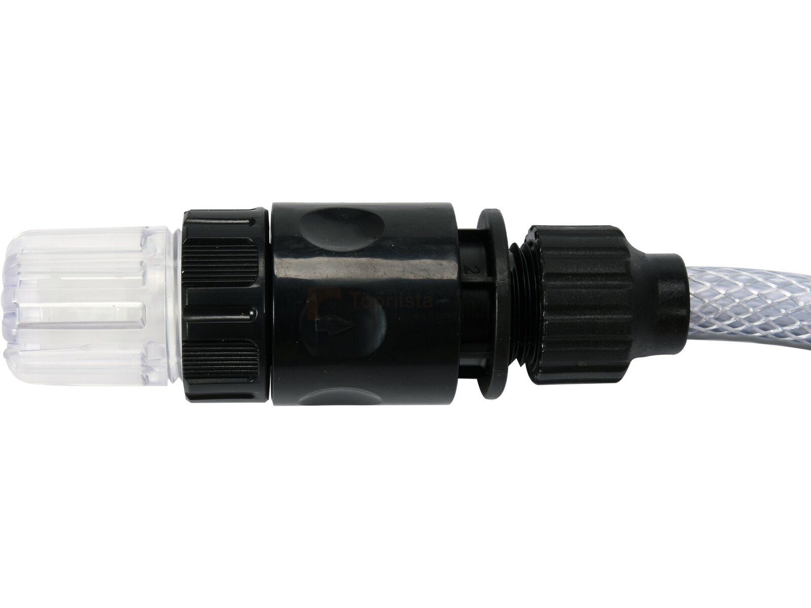 Pildil on Yato survepesuri 18V 23BAR - BODY külge kinnitatud vooliku otsik, mis sisaldab läbipaistvat filtrit.