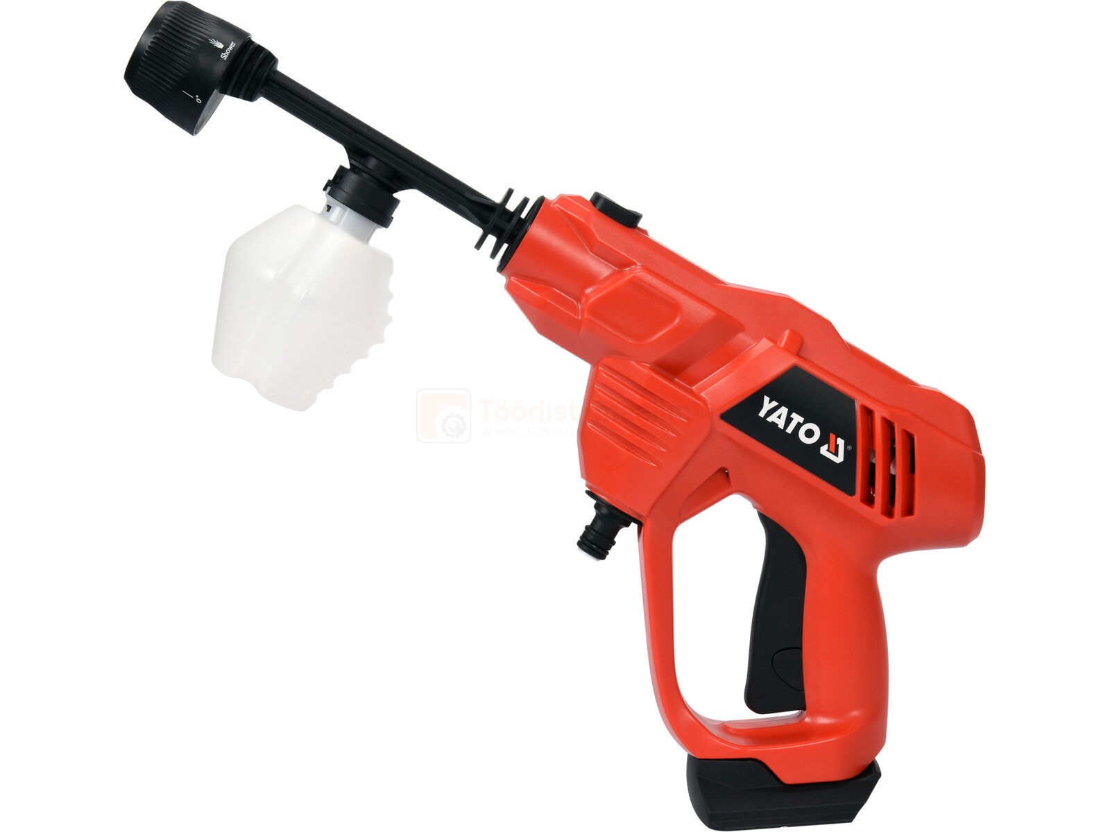 Pildil on punane Yato survepesur, millel on pihusti, seebialus ja aku.