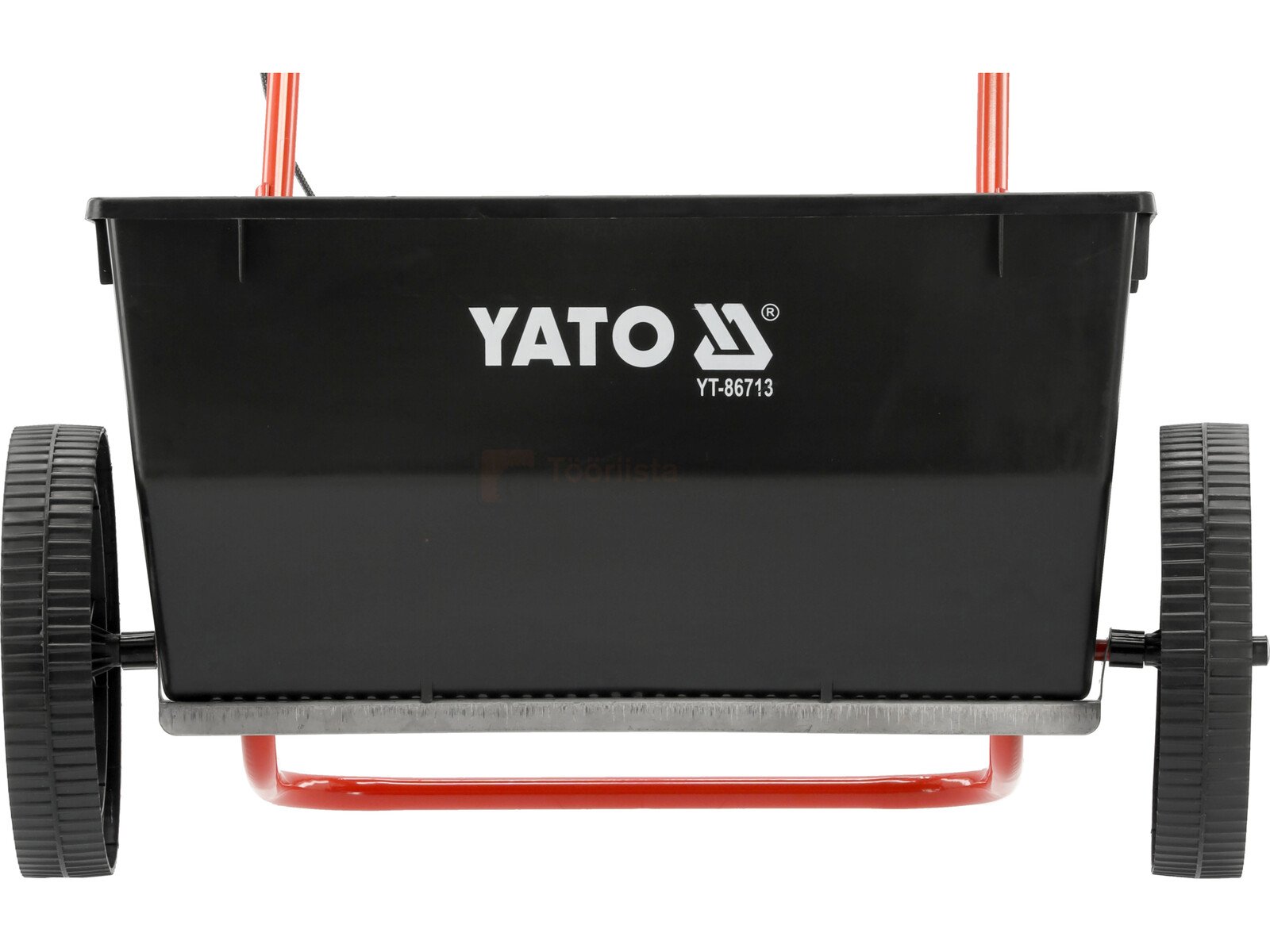 Pildil on Yato külvik, millel on must konteiner, punane raam ja kaks ratast.