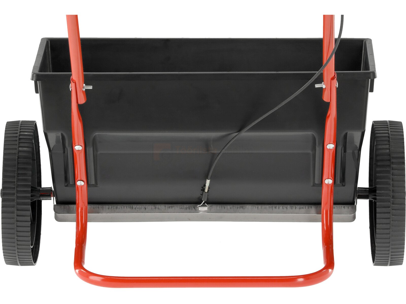 Pildil on Yato külvik, millel on must anum, punane raam, kaks ratast ja tross, mis on mõeldud külvamiseks.