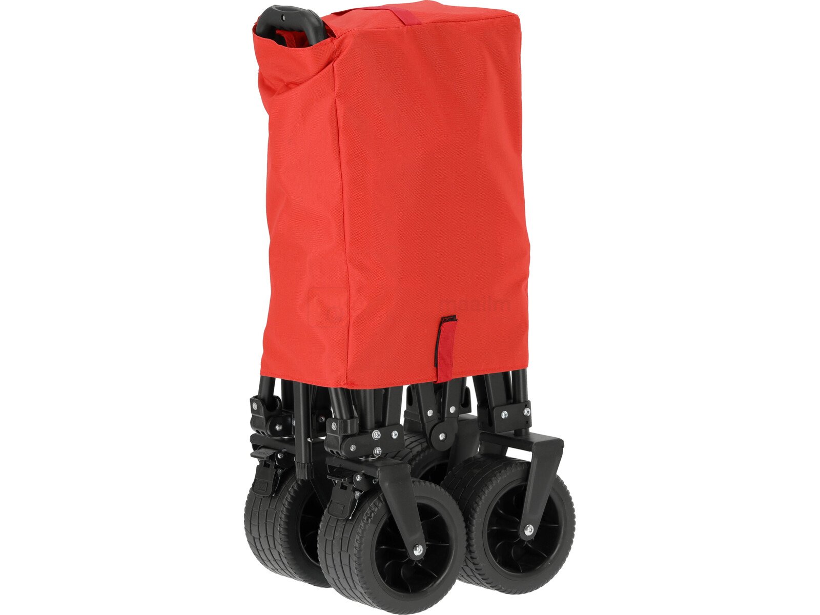 Pildil on punase kattega Yato kokkupandav aia- ja matkakäru, mille rattad on kokku pandud.