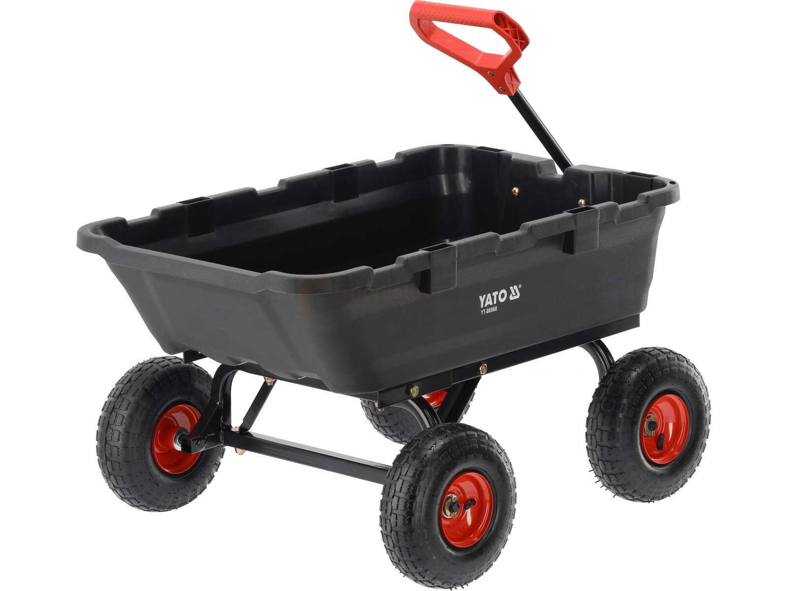 Pildil on musta kallutatava kastiga YATO aiakäru XL, millel on punased rattad ja punane käepide.