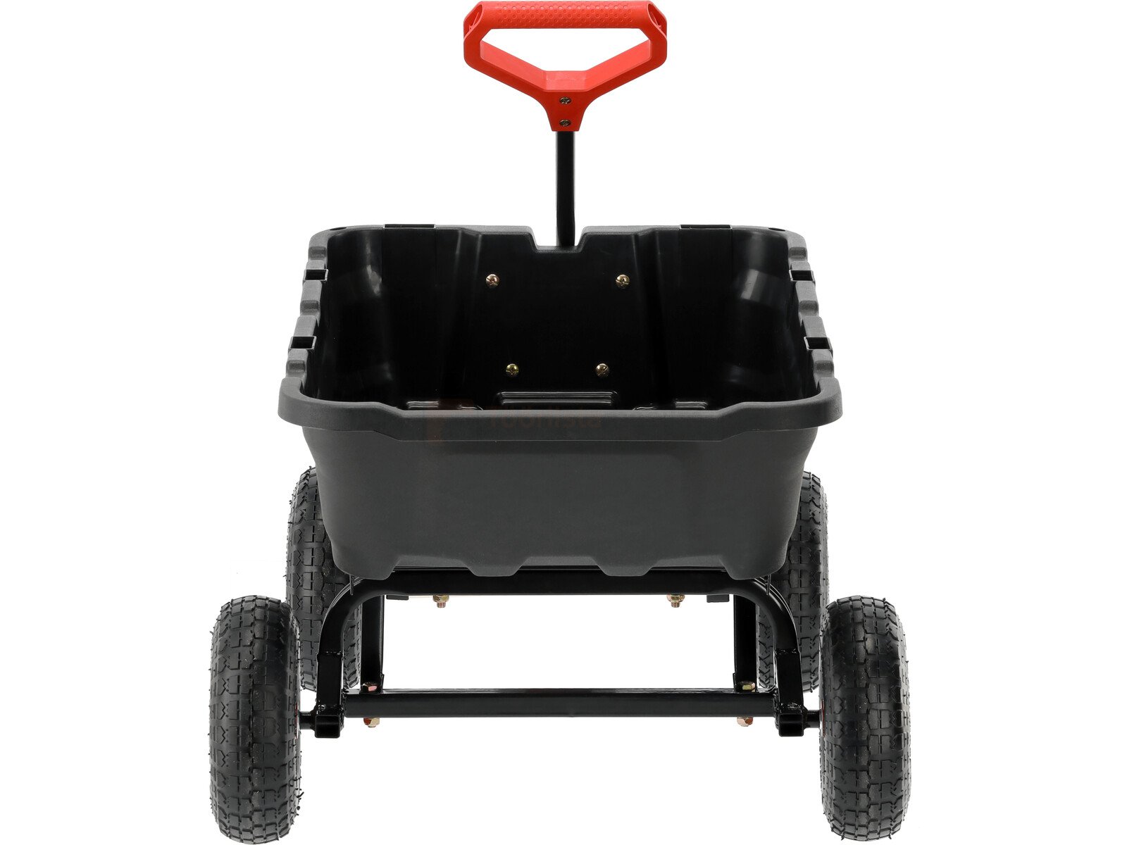 Pildil on must YATO aiakäru kallutava kastiga XL, millel on punane käepide ja neli ratast.