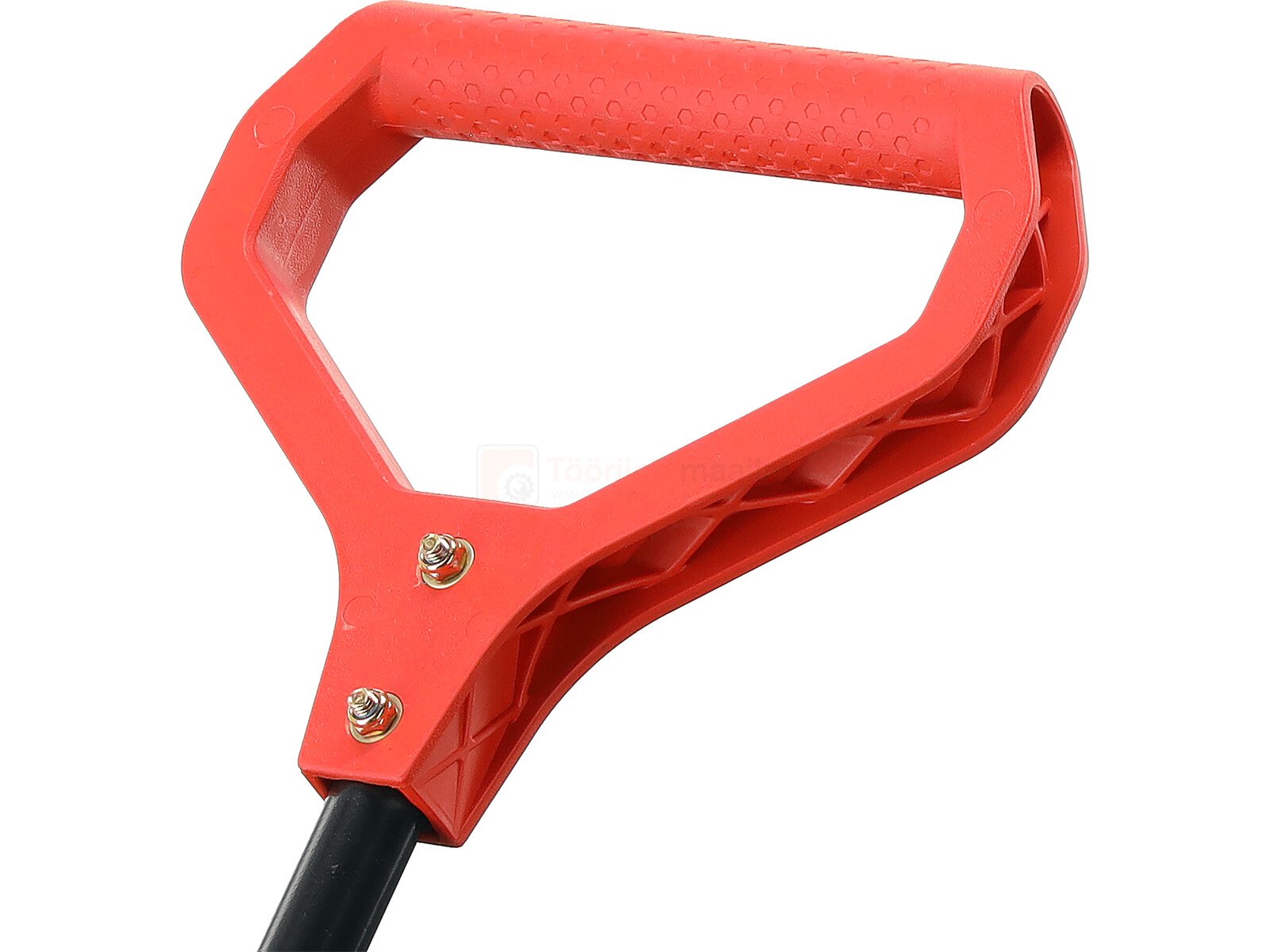 Pildil on näha punane YATO aiakäru käepideme detail, kus on näha D-kujuline käepide ja selle ühendus varsaga.