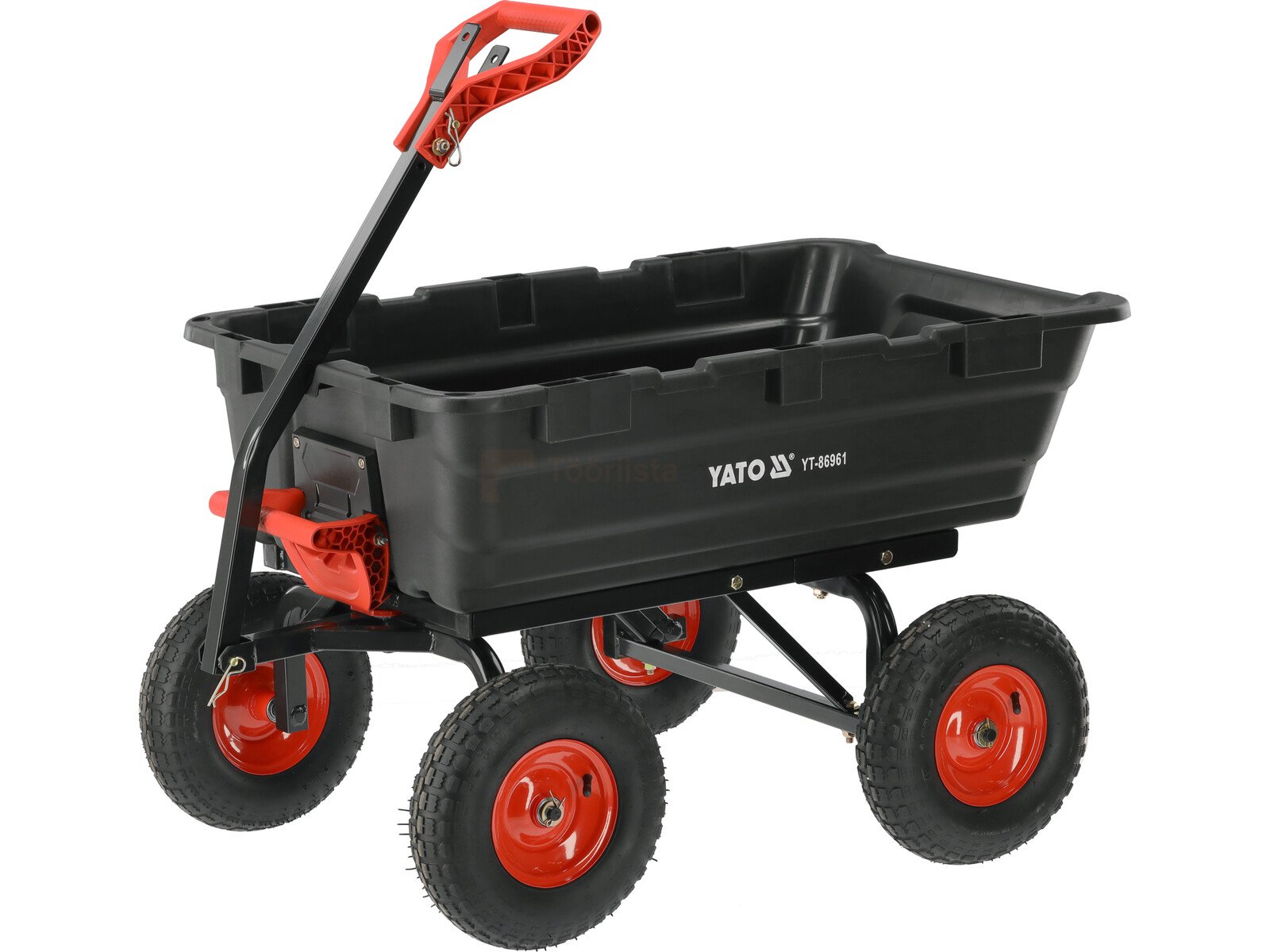 Pildil on YATO kallutava kastiga aiakäru XXL 550 kg, millel on must plastist kast, punased rattad ja käepide.