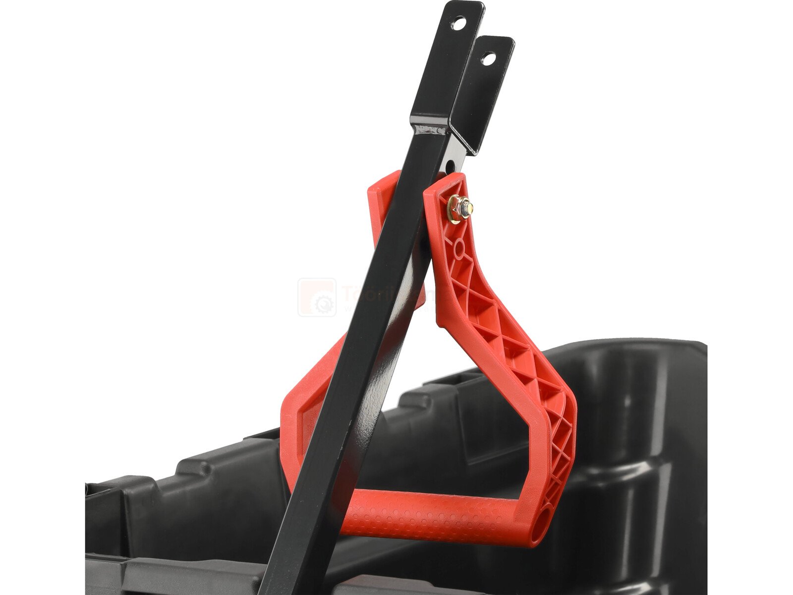 Pildil on Yato kallutava kastiga aiakäru XXL 550 kg detail, mis näitab käepideme kinnitust ja punast käepidet.