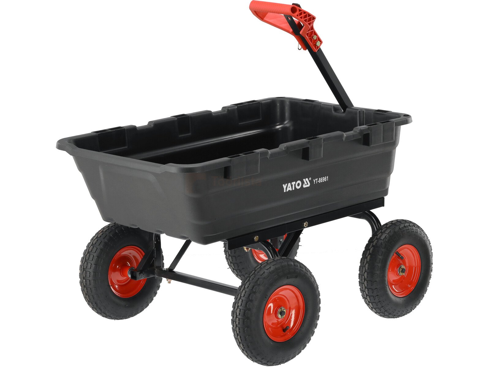 Pildil on musta kasti ja punaste ratastega Yato kallutava kastiga aiakäru XXL, millega saab transportida kuni 550 kg.