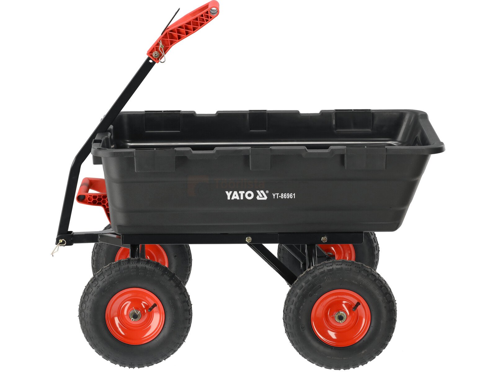 Pildil on musta Yato kallutava kastiga aiakäru, millel on punaste ratastega suur kandevõime.