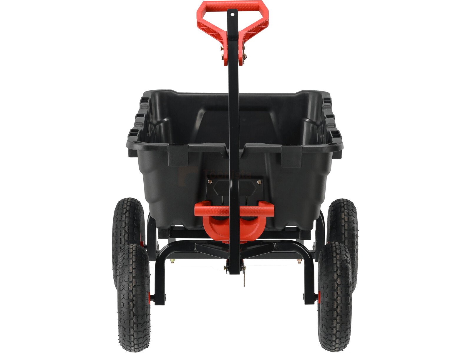 Pildil on musta värvi YATO kallutava kastiga aiakäru XXL 550 kg, millel on punane käepide ja neli ratast.