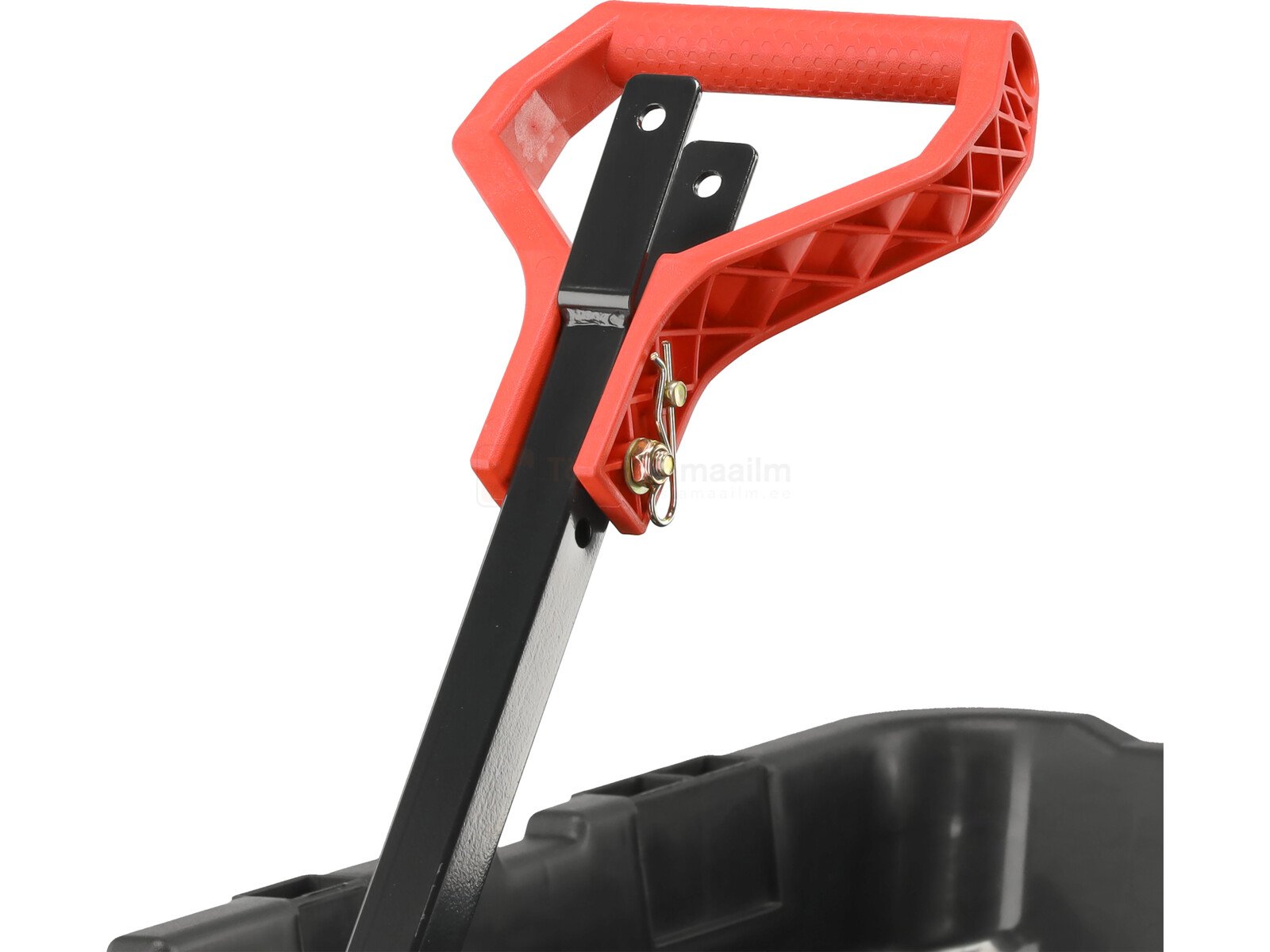 Pildil on YATO kallutava kastiga aiakäru XXL 550 kg käepideme osa, millel on punane käepide ja must metallraam.