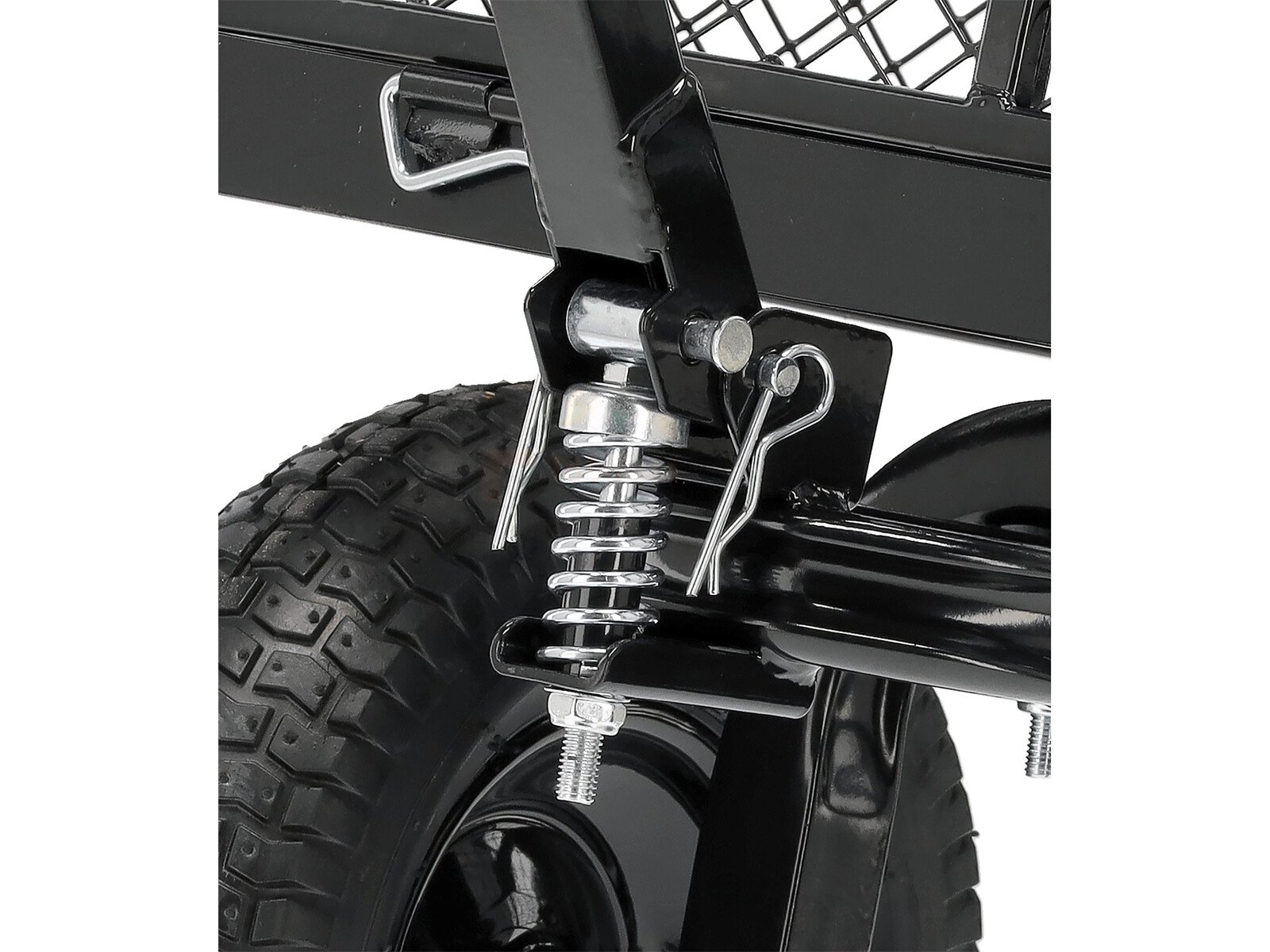 Pildil on Yato Garden Trolley XL 450KG WITH BAG, mis näitab lähedalt ratta, vedrustuse ja haakimise detaile.