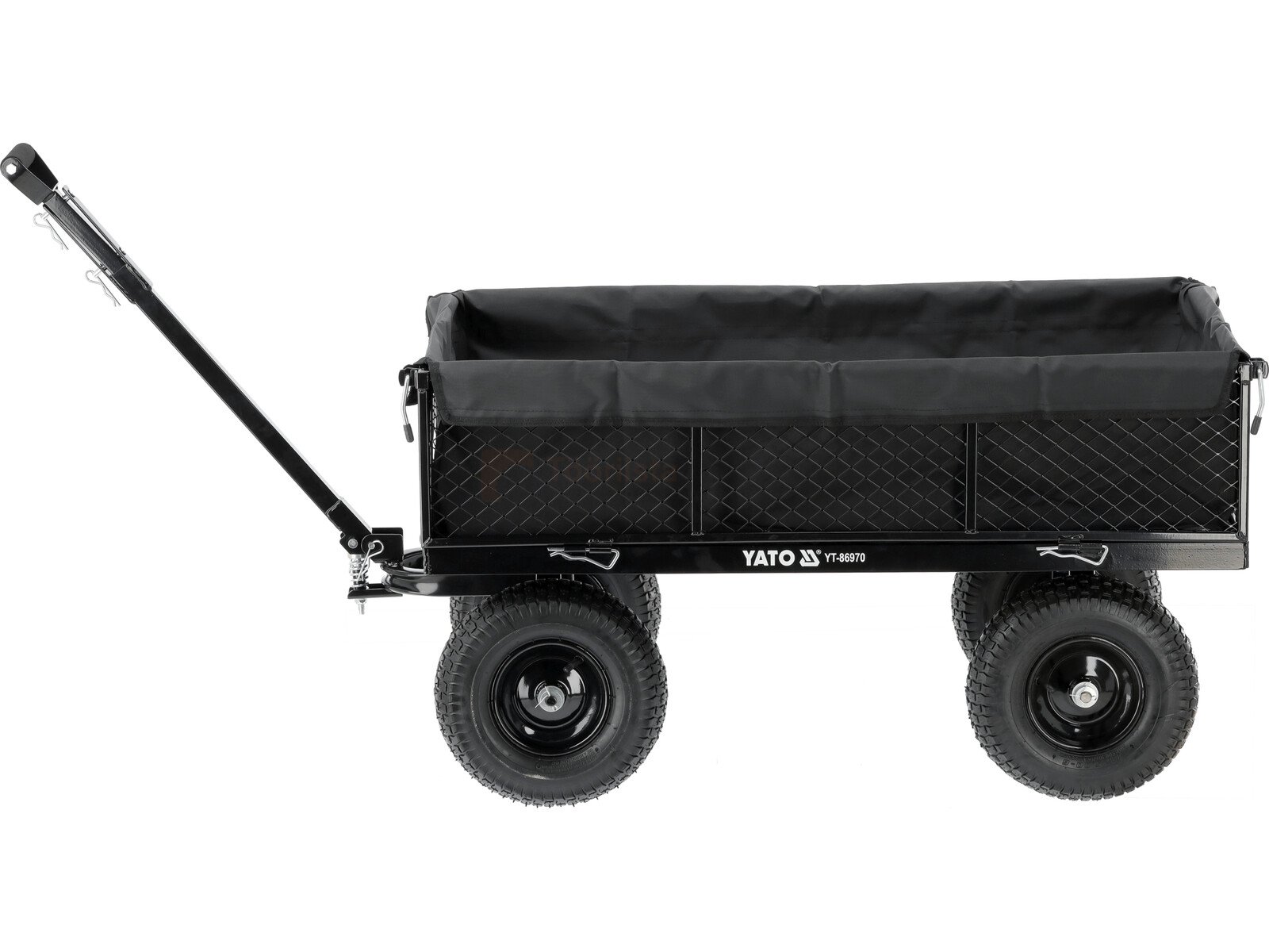 Pildil on musta värvi YATO aiakäru XL, millel on võrkseintega korpus ja suured rattad.