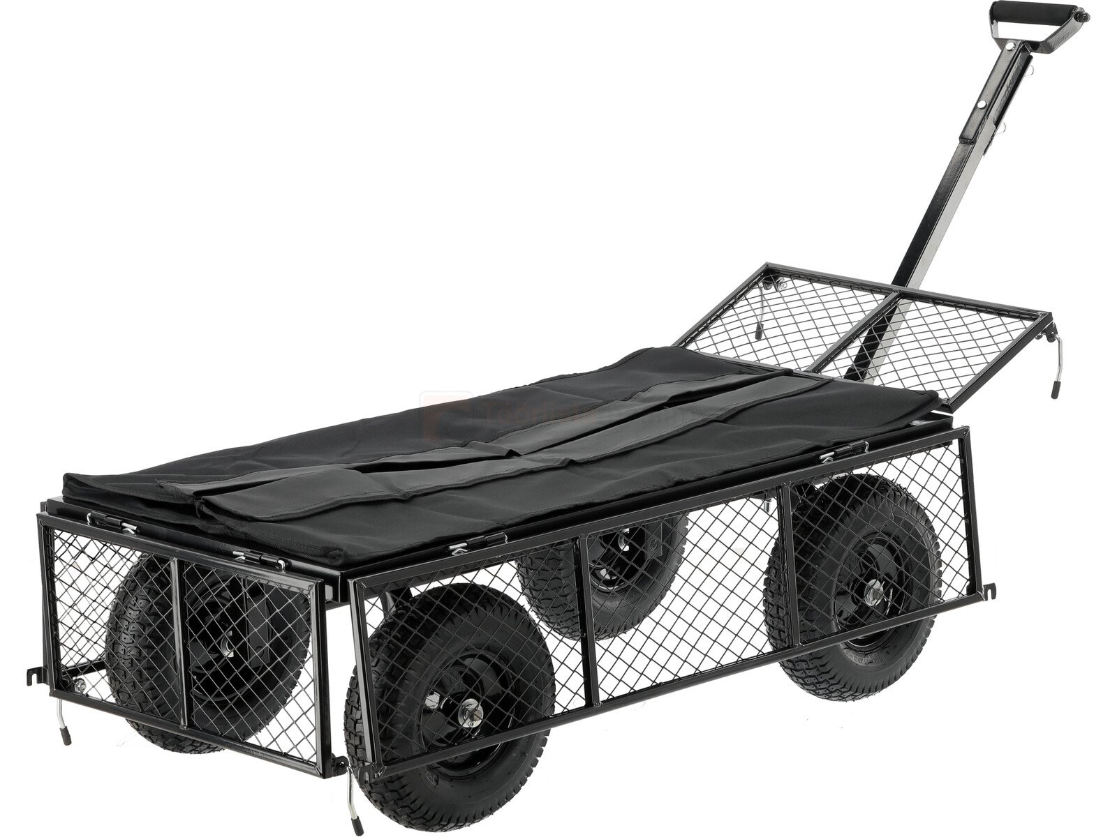 Pildil on Yato GARDEN TROLLEY XL 450KG aiatõllakottidega, millel on võrgust seinad ja millel on mustad rattad ja tõmbevarras.