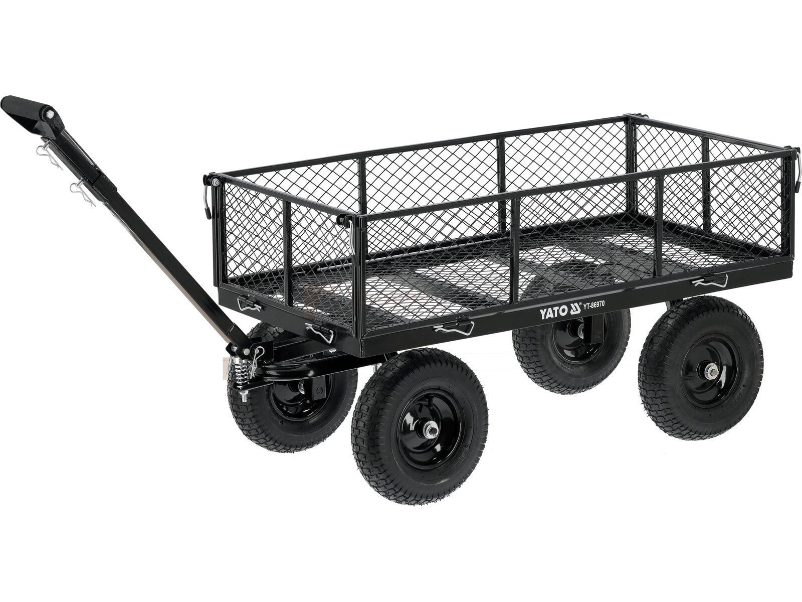 Pildil on YATO aiakäru XL, millel on must metallvõrgust korpus, neli ratast ja pikendusvarrega veekäepide.