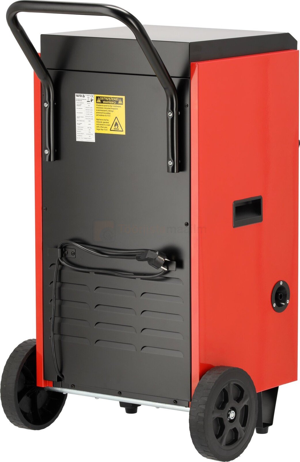 Pildil on YATO õhukuivati, millel on rattad, käepide ja mis on mõeldud 160-250 m² alale, võimsusega 70l / 24h.