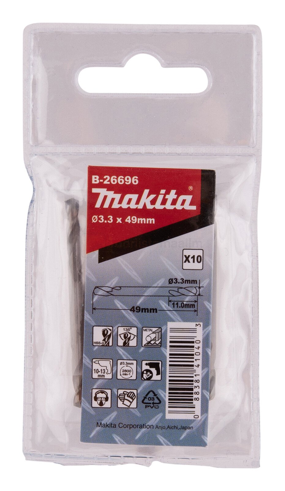 Pildil on Makita kahepoolne metallipuur HSS-G 3,3 x 49 mm, mis on pakitud 10 tükki sisaldavasse pakendisse.