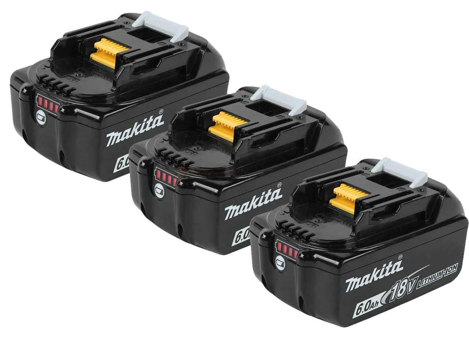 Pildil on kolm Makita 18V 6.0Ah Li-ion BL1860B akut.