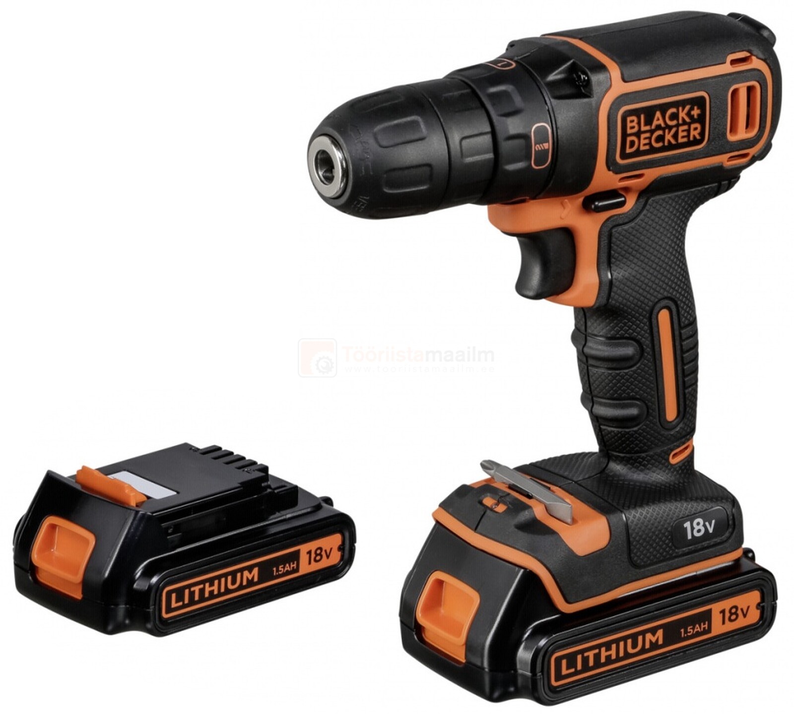 Pildil on musta ja oranži värviga BLACK+DECKER akutrell koos kahe akuga.