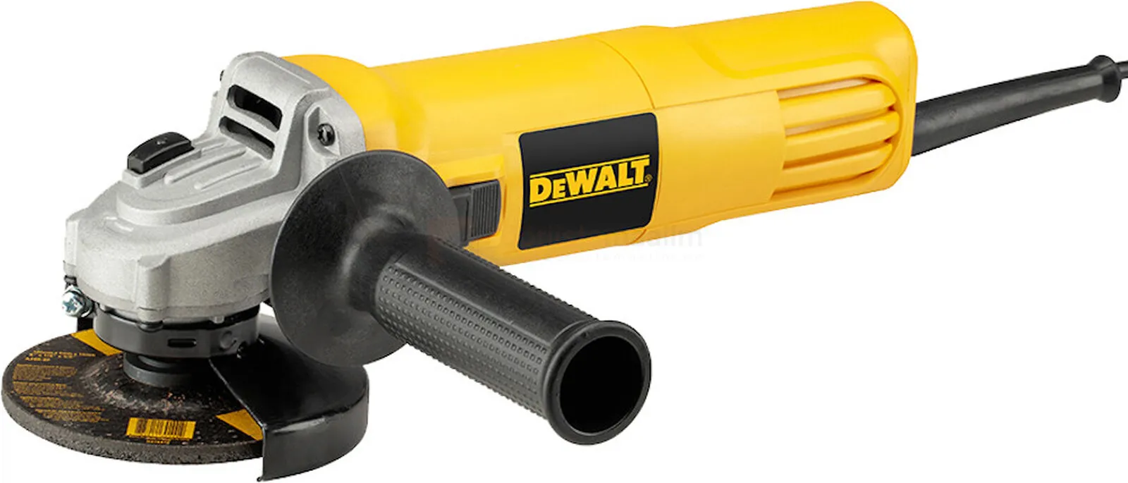 Pildil on näha kollane ja hõbedane DeWalt nurklihvija DWE4117, millel on must käepide ja ketas küljes.