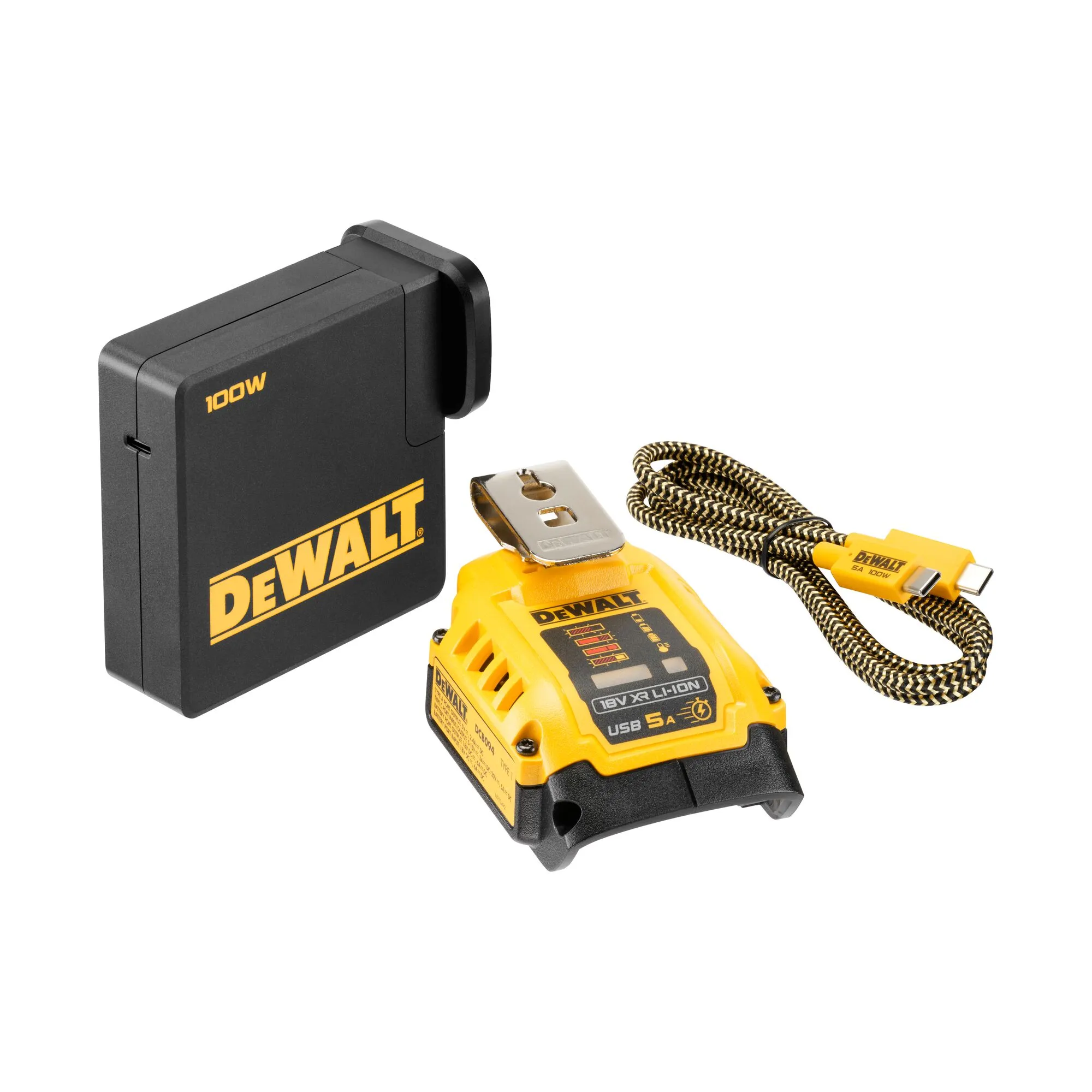 Pildil on näha Dewalt 18V XR USB PD laadimiskomplekt, mis koosneb mustast laadijast, kollasest akupangast ja punutud...