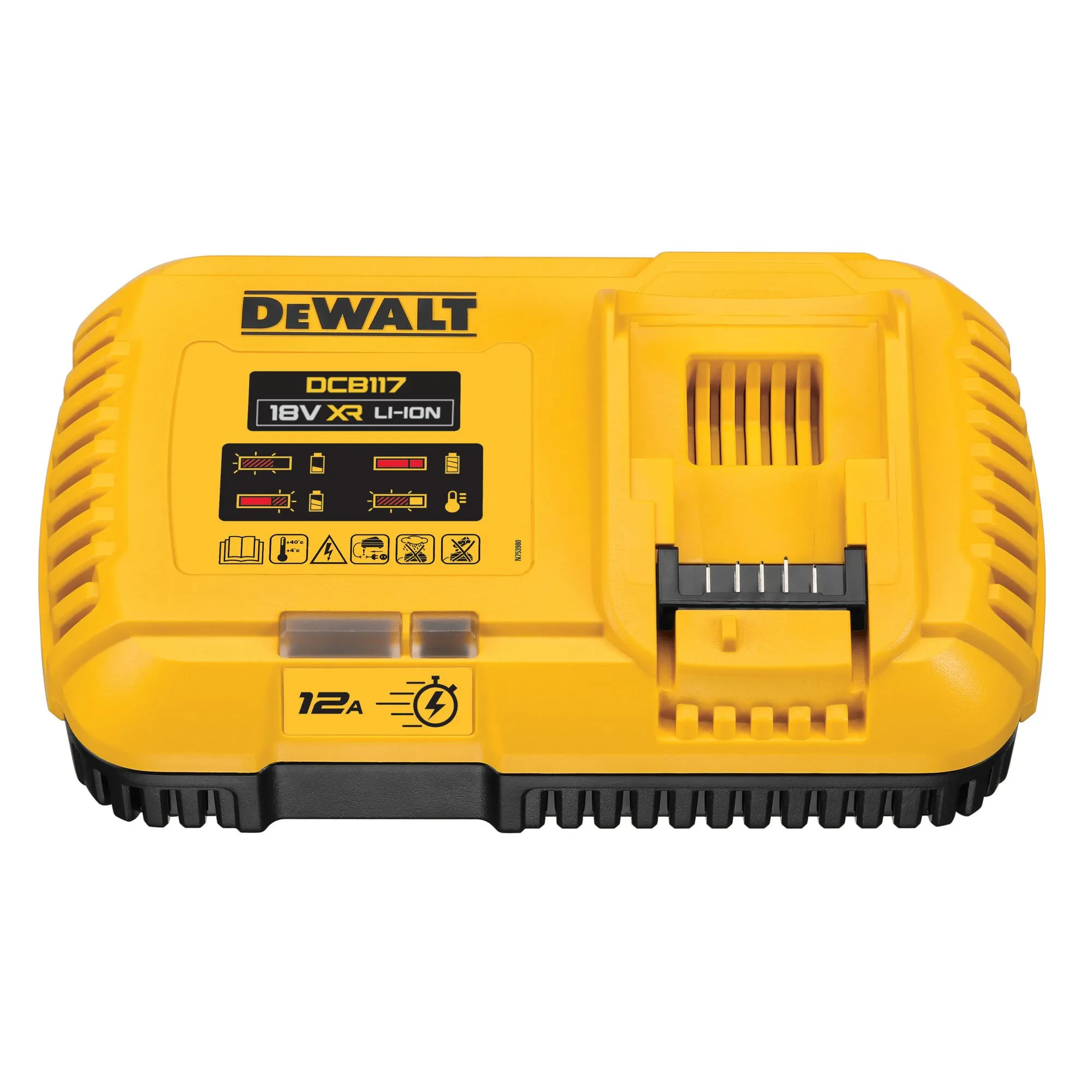 Pildil on DeWalt kiirlaadija DCB117, millel on kollane korpus ja mustad detailid, näidates akusid laadimise ajal.
