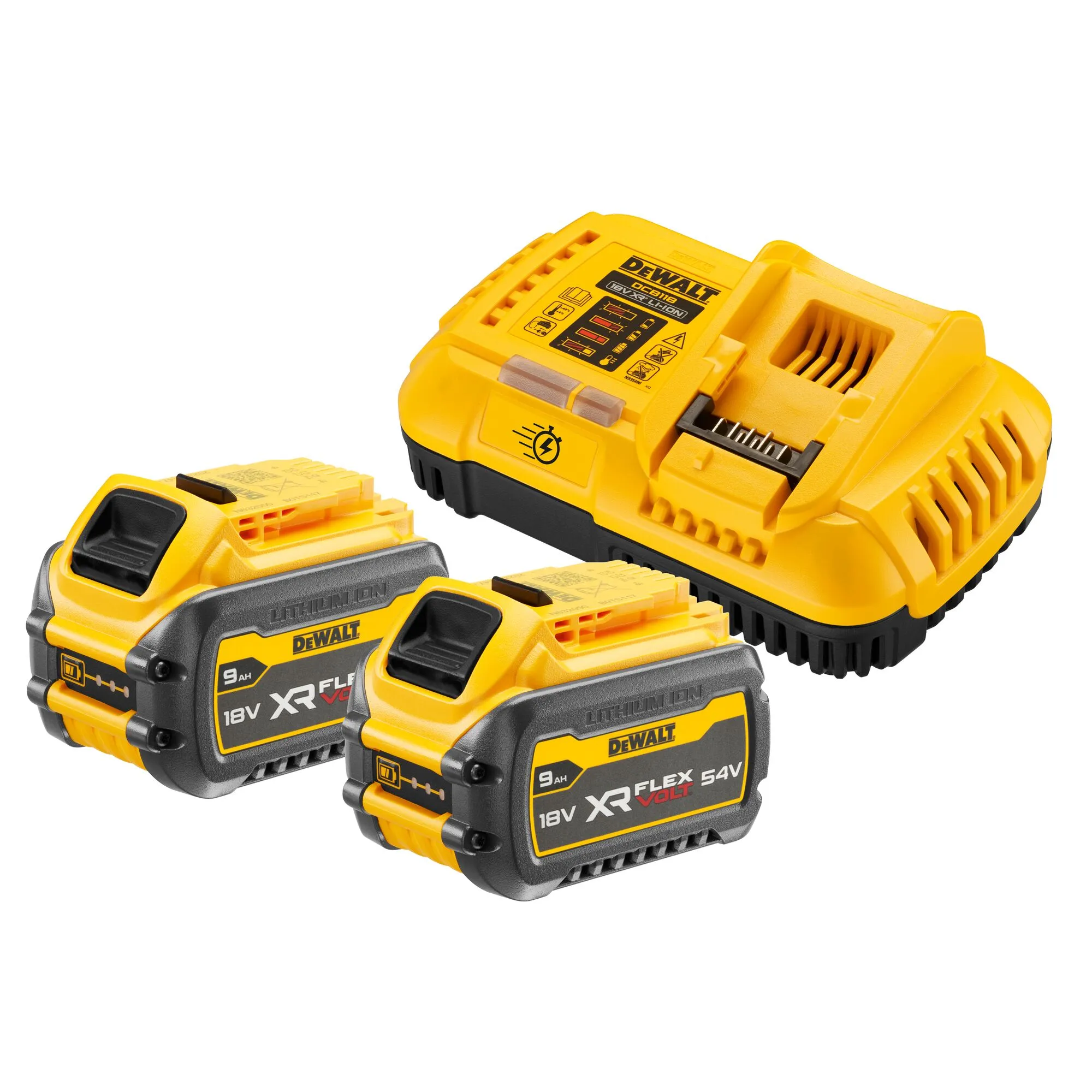 Pildil on DeWalt kiirlaadija 18 V XR ja FlexVolt akudele koos kahe 9,0 Ah Flexvolt akuga.
