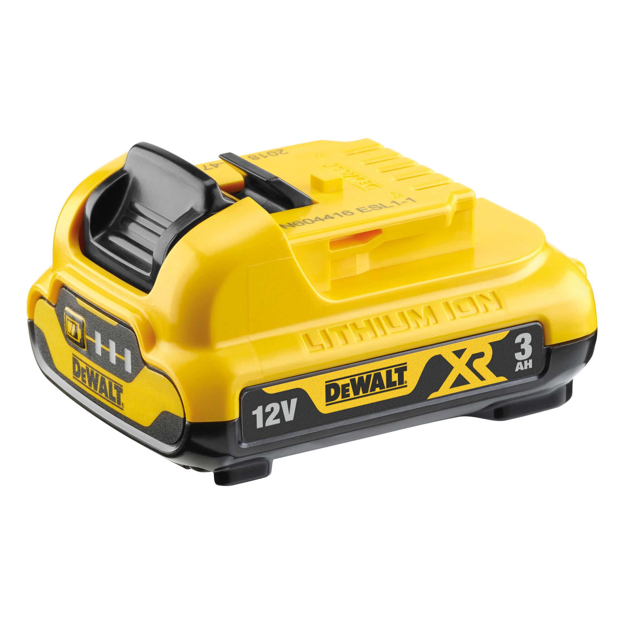 Pildil on DeWalt 12V XR 3,0 Ah aku, mis on kollane ja must ja mille peal on kirjas "Lithium Ion" ja "12V".