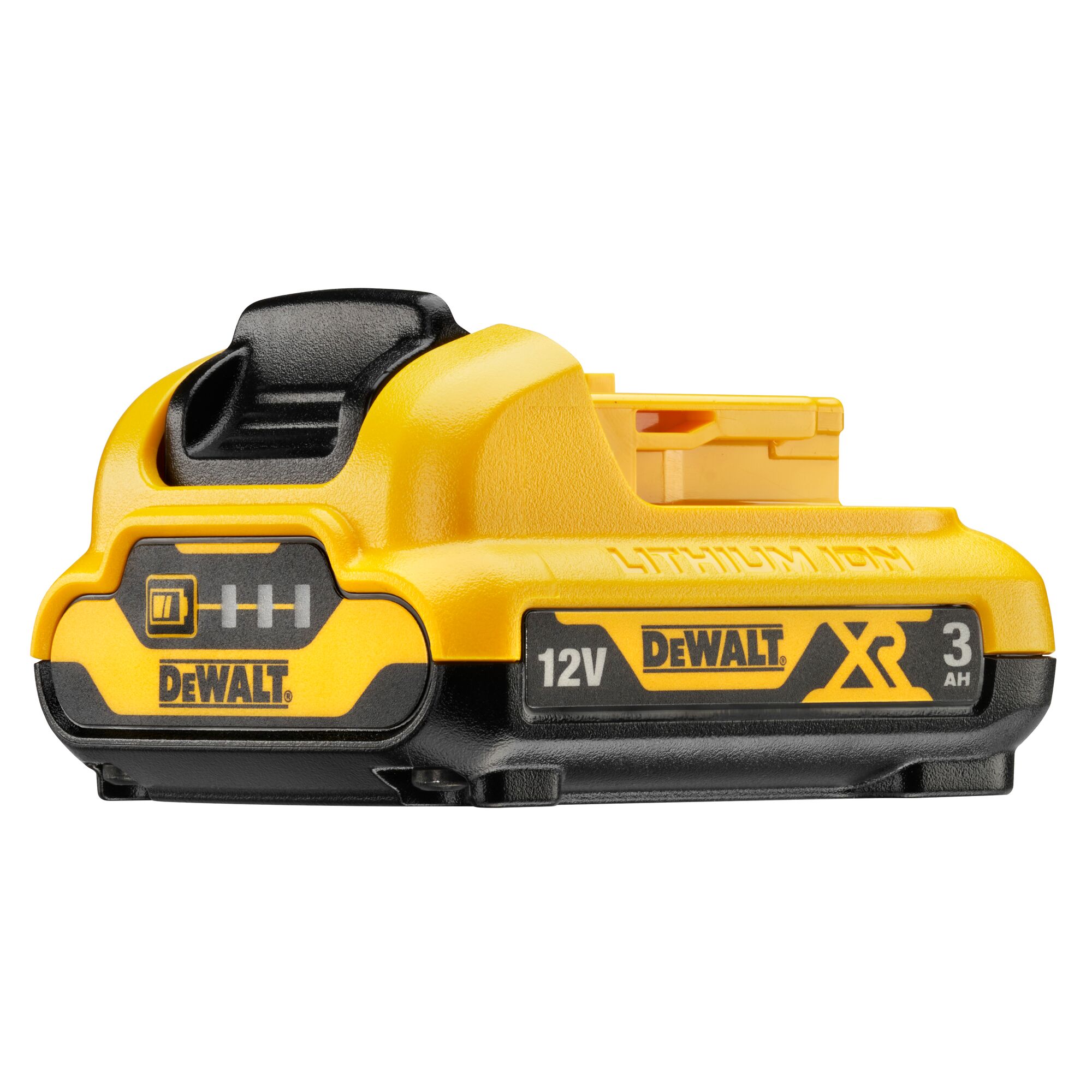 Pildil on kollane-must DeWalt aku 12V XR 3,0 Ah, millel on nähtavad laetuse indikaatorid.
