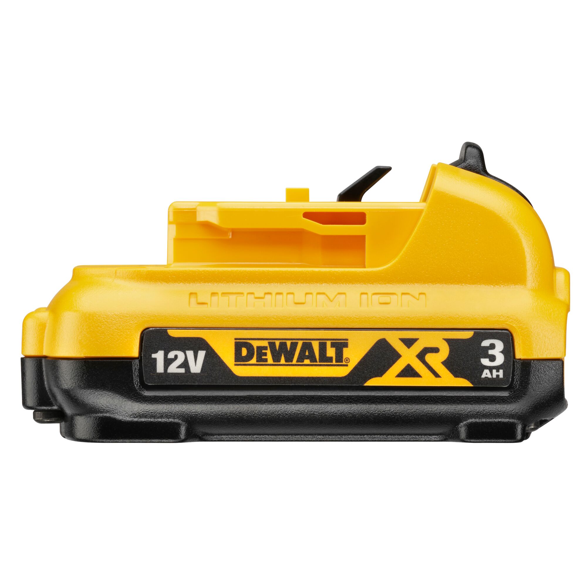 Pildil on kollane-must DeWalt aku 12V XR 3,0 Ah, millel on nähtav "Lithium Ion" silt ja aku mahutavuse näit.