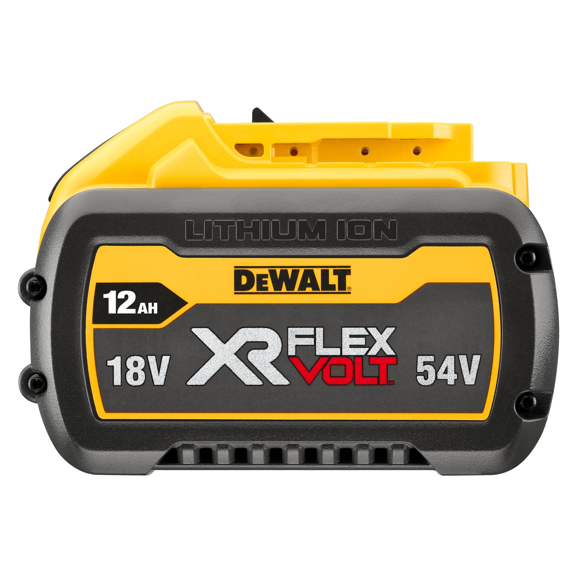 Pildil on DeWalt aku XR Flexvolt 18/54 V 12,0 Ah, millel on peal info selle omaduste kohta, nagu pinge ja maht.