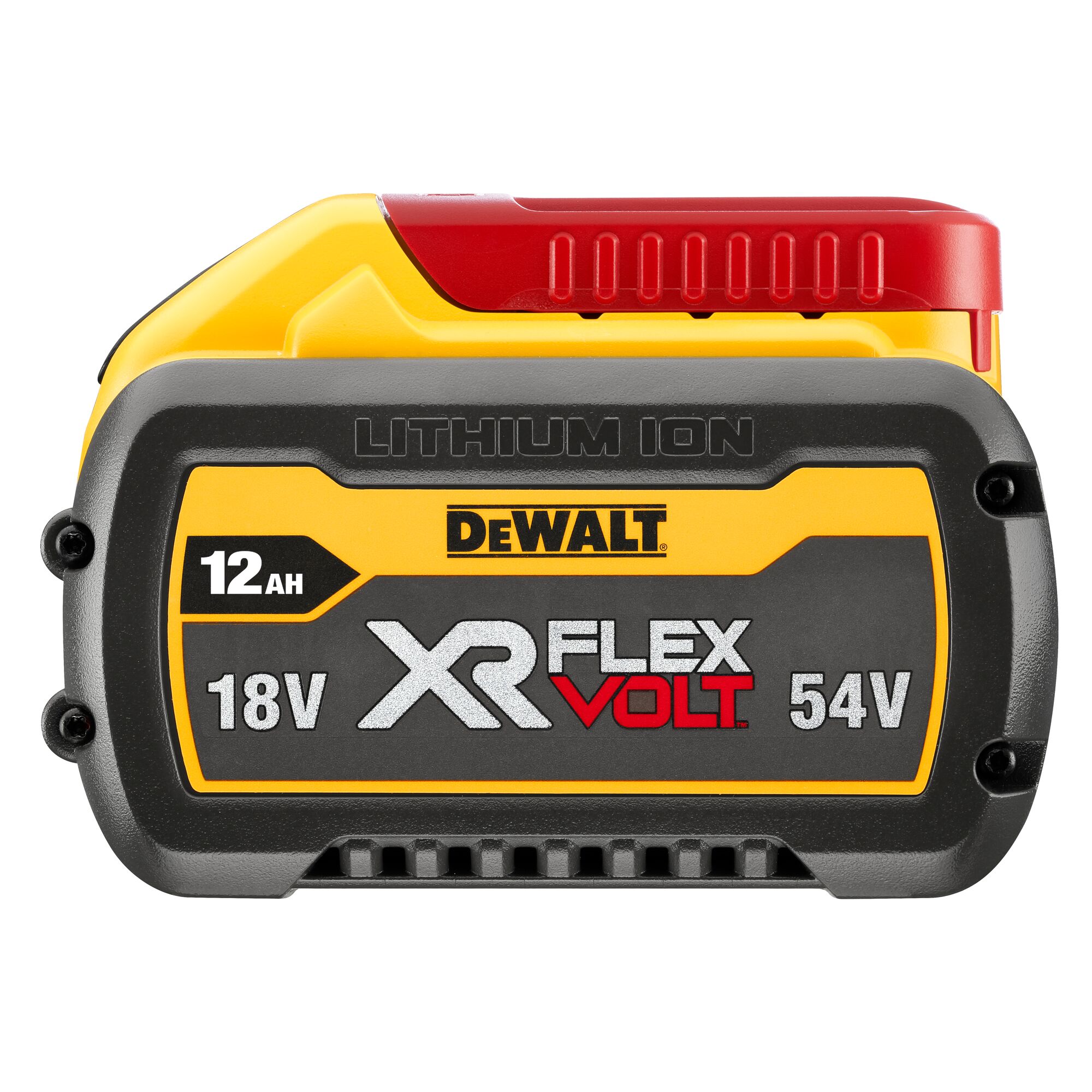 Pildil on DeWalt XR Flexvolt 18/54 V 12,0 Ah aku, millel on kollane ja must värvilahendus ning mis näitab aku tehnilisi...
