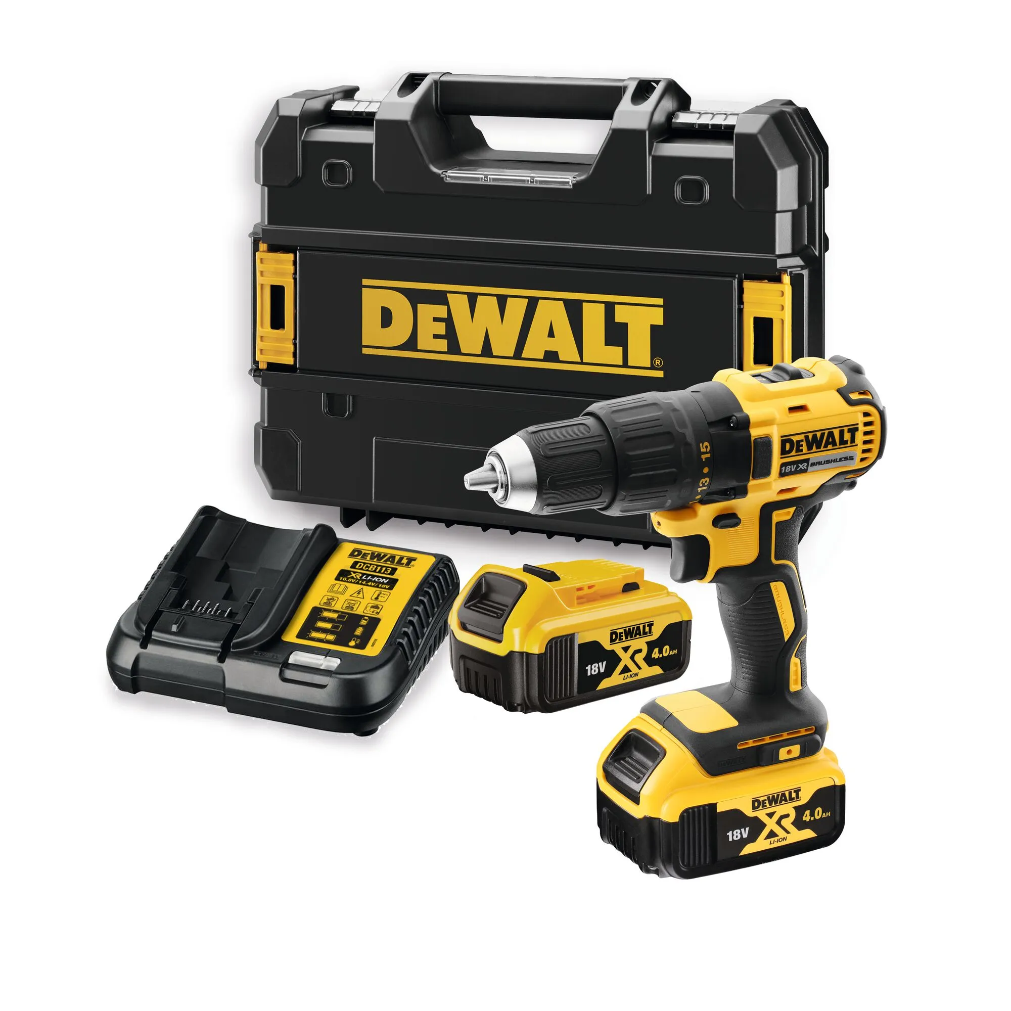 Pildil on näha Dewalt DCD777M2T akutrell koos kahe akuga, laadijaga ja hoiukohvriga.